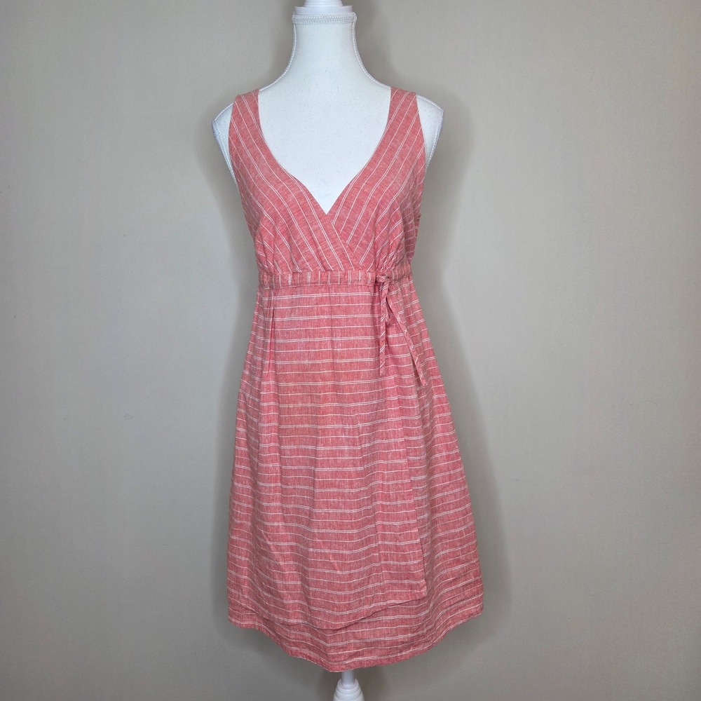 Patagonia Women 8 Coral Pink White Striped Hemp Organic Cotton Wrap Dress Summer